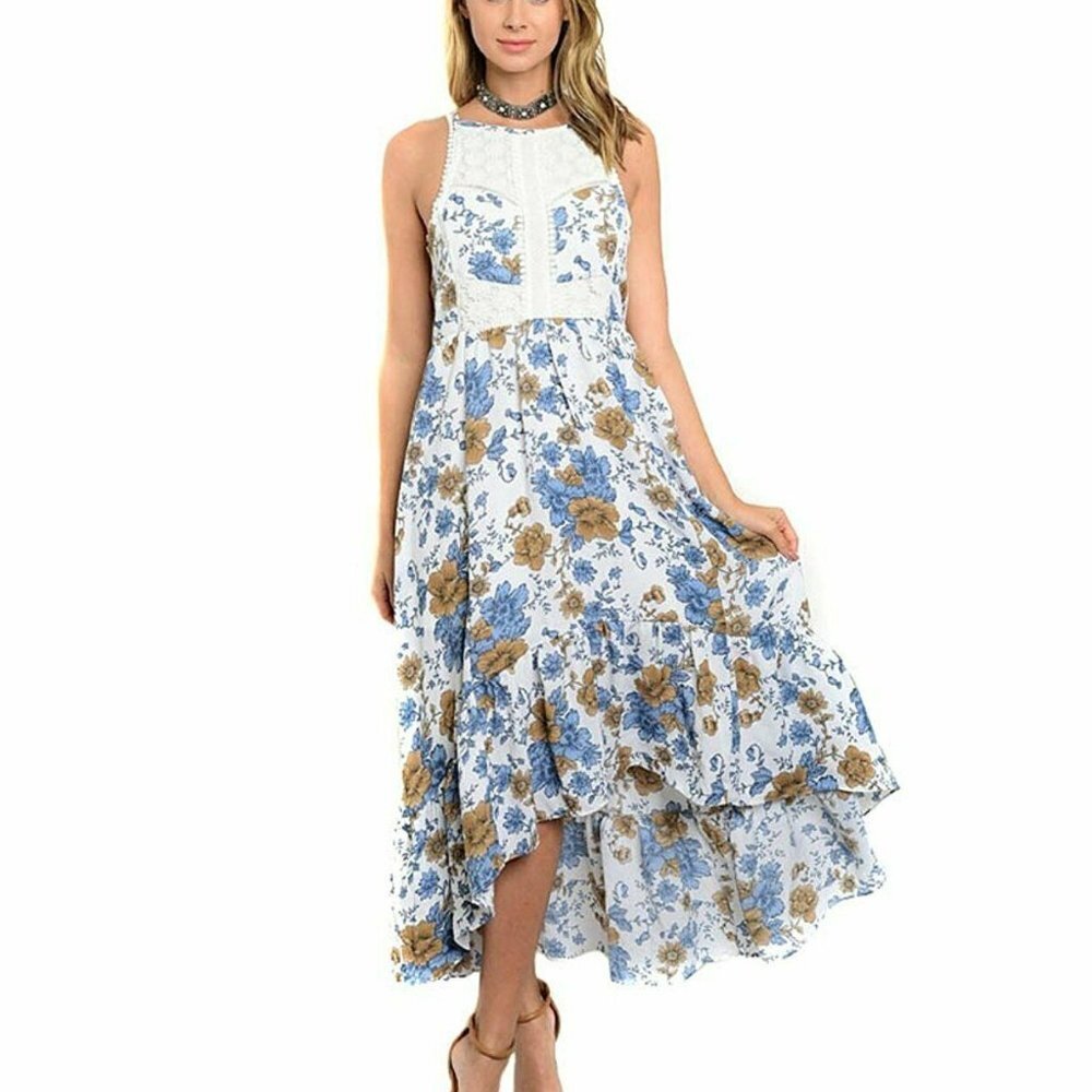 NEW Blue Floral & Crochet Open Back Hi-Lo Maxi Dress‎ Prom Wedding Bridal
